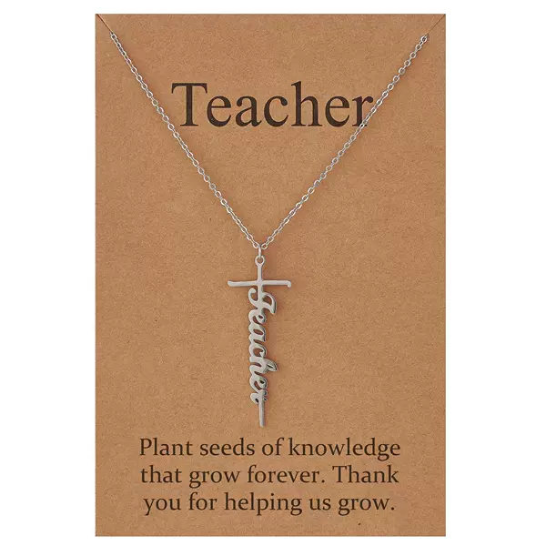 Women's Cross Necklace Steel Color Teacher Gift Holiday Necklace Stainless Steel Name Engraved Cross Necklace