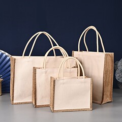 手繪麻袋紐扣手提袋加棉布時尚麻布手提購物袋複合黃麻布袋子帆布