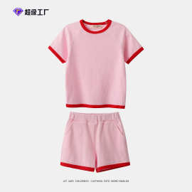 宋氏kids25年夏季儿童粉色坑条棉家居服套装女宝宝短袖短裤两件套
