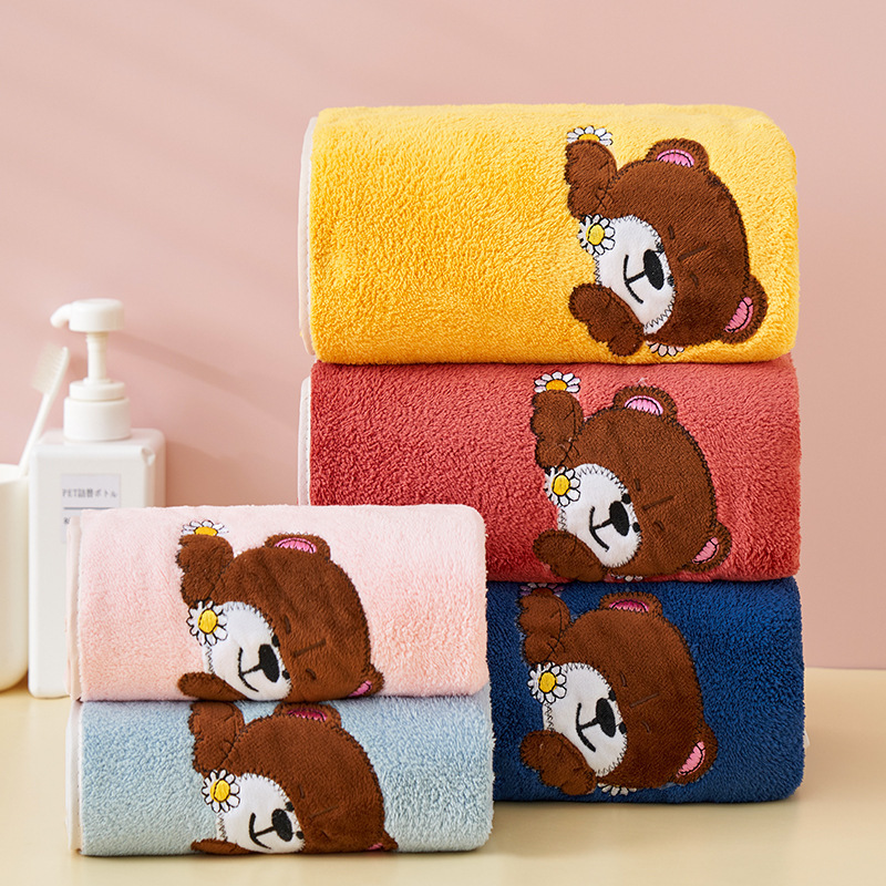 Coral Velvet Embroidered Bear Towel Bath Towel Three-Piece Gift Box Household Absorbent Bath Towel Wedding Souvenir