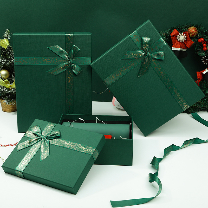 现货墨绿礼盒圣诞礼物盒空盒烫金蝴蝶结简约礼品盒围巾衣服包装盒