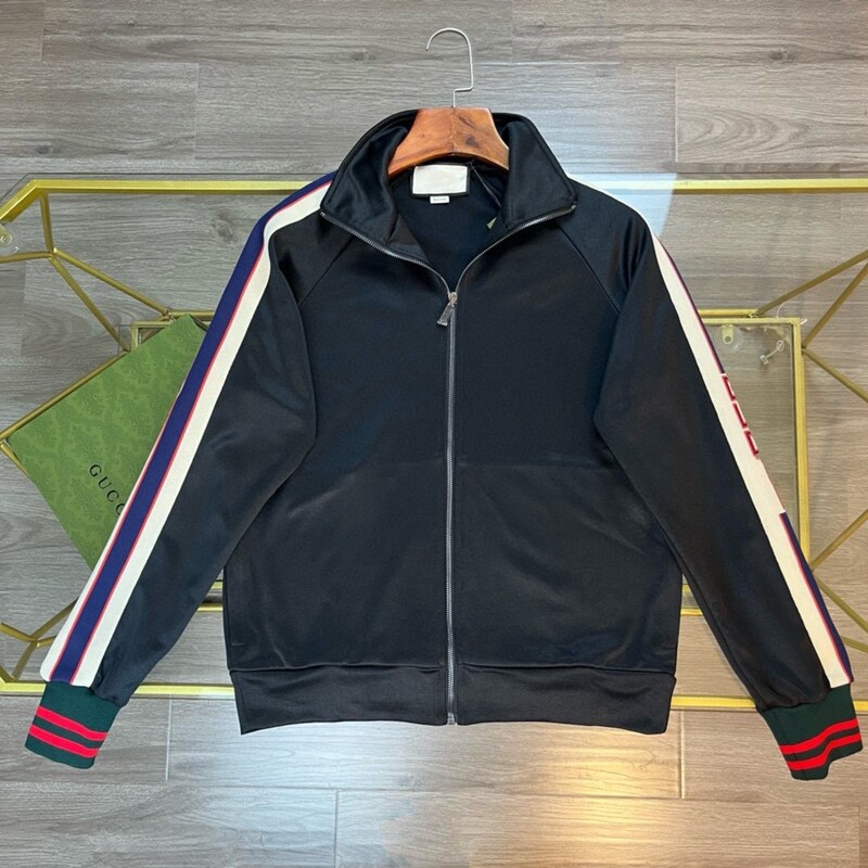 Correct Top Version 1.1G Gucci GU Classic Stitching Ribbon Letter Vertical Collar Jacket Jacket Casual Men's and Women's Same