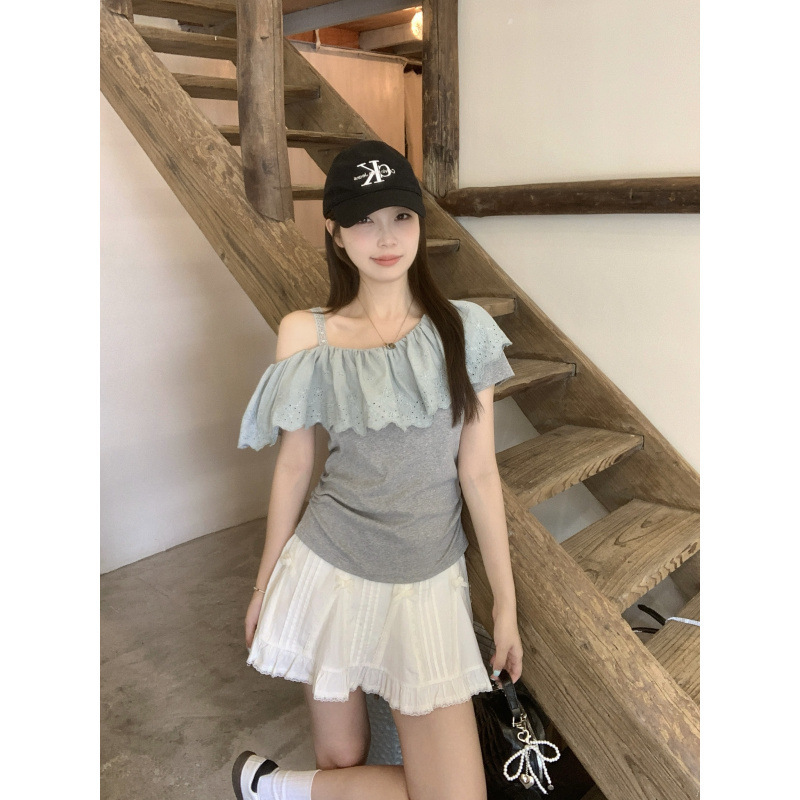プラスサイズの女性の夏の新しいフレンチスタイルの純粋な欲望スタイルのフリルレーススプライシングTシャツプリーツウエスト痩身トップ|undefined