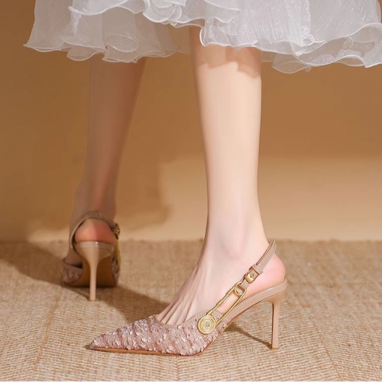 Shallow Mouth Pointed Toe Flats for Women, French Style Sequined Toe Stiletto Heels, 2025 Autumn New Style, One-Line Strap with Empty Back