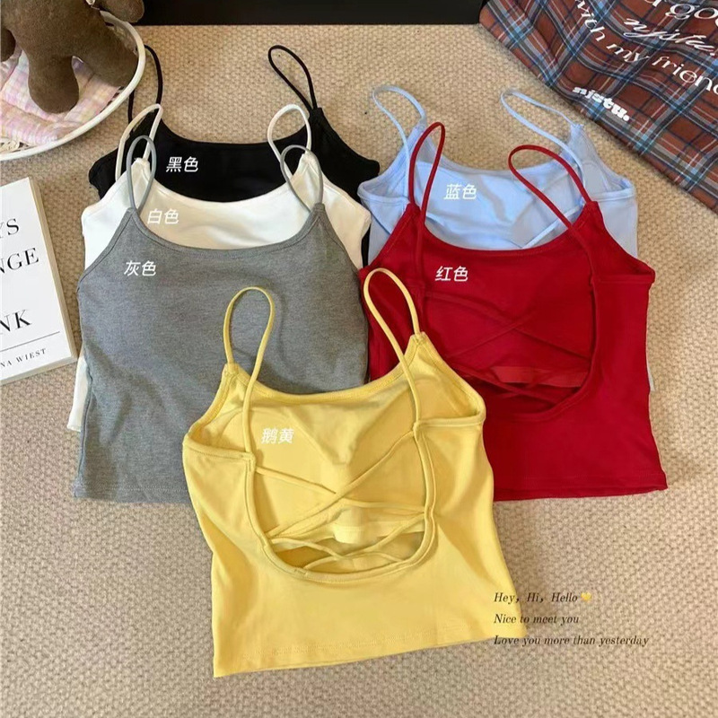 Hot Girl Style Colorfulful Camisole with Breast Pads Pure Cotton Cross Backless Beautiful Back Slimming Look Outer Top 703