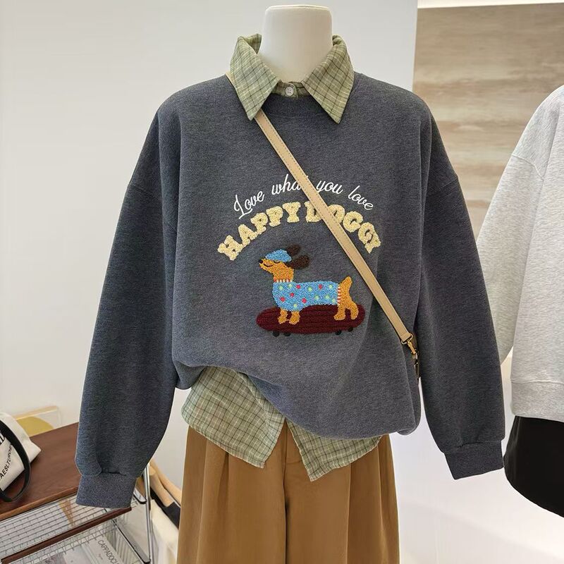 刺绣小狗秋装百搭卡通减龄宽松韩系长袖套头卫衣女圆领设计感上衣|undefined