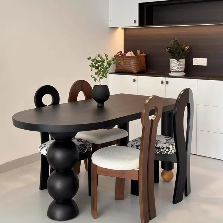 French Simple Black Solid Wood Dining Table and Chair Nordic Middle-style Semi-oval Island Table Dining Table Wall Creative Long Table