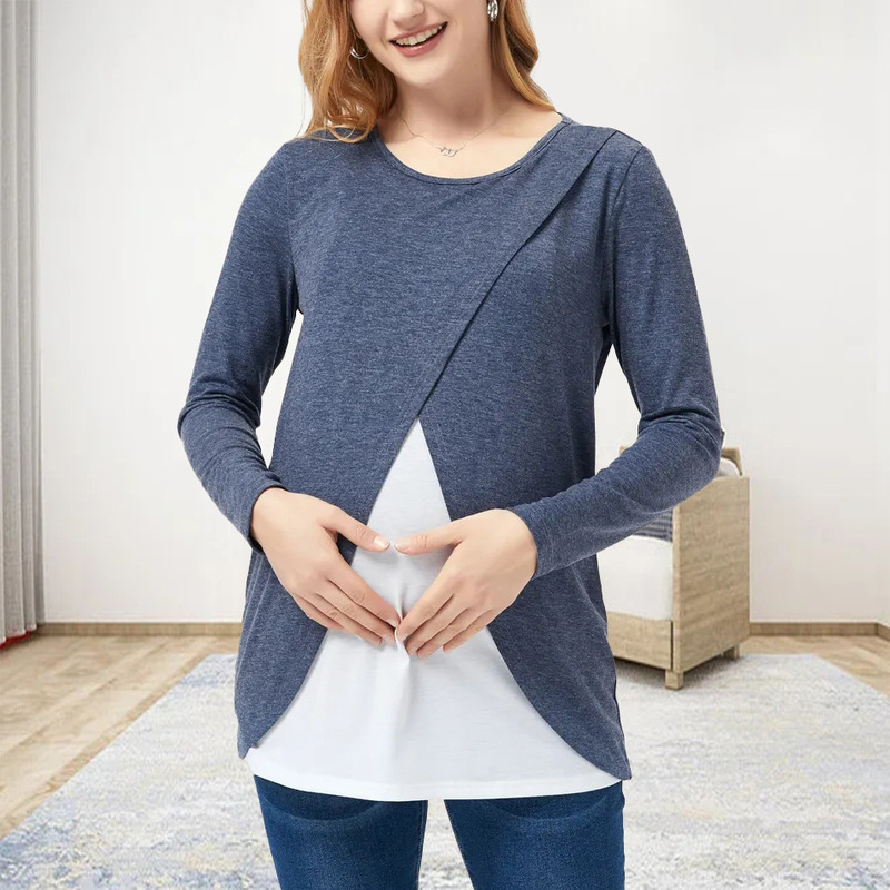 Factory Direct Sales Spot Amazon Aliexpress Ebay Cross-Border Round Neck Long-Sleeved Color Matching Breastfeeding Maternity Tops Factory Direct Sales Spot Amazon Aliexpress Ebay Cross-Border Round Neck Long-Sleeved Color Matching Breastfeeding Maternity Tops