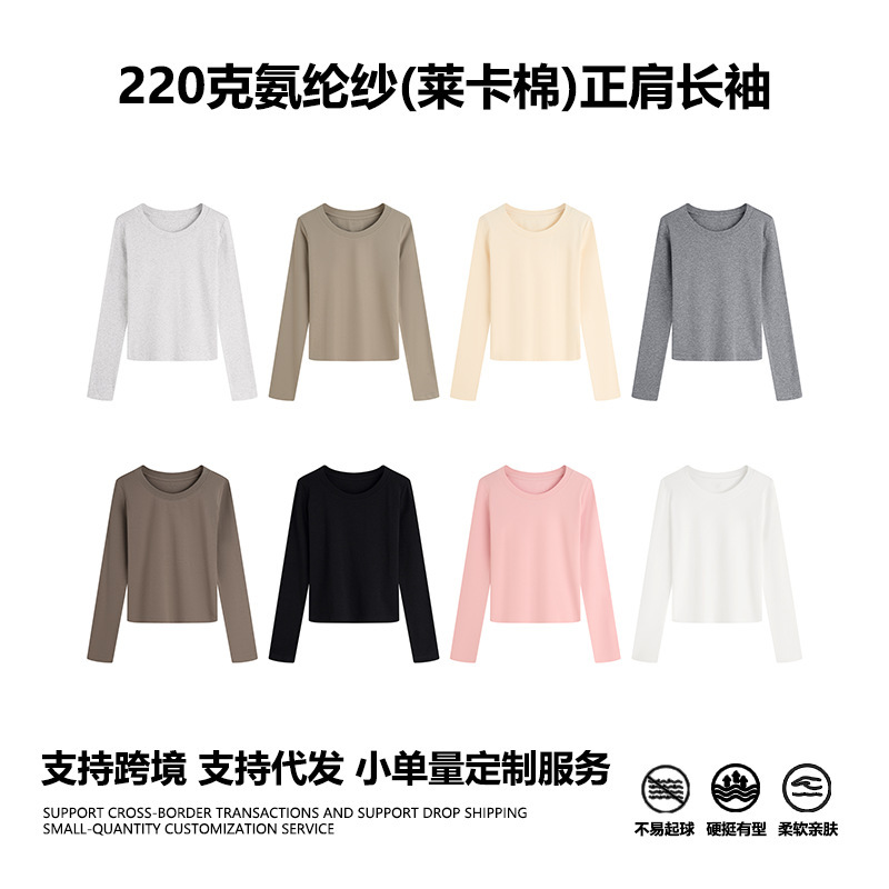 220g Lycra Cotton Simple Long-Sleeved T-Shirt Women's Round Neck Knitwear Autumn and Winter Women's Slim Fit Skin-Friendly Basic Clothing