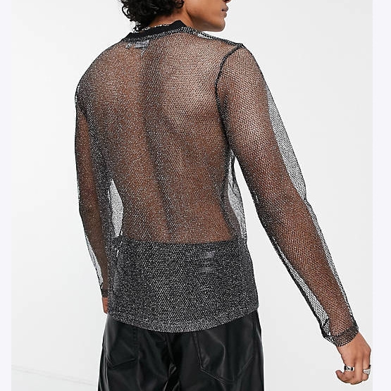 Mesh Long-sleeved Shoulder See-through T-shirt Men's Sexy Night Clothes Shiny Breathable Mesh Base Shirt Men's Performance Clothing