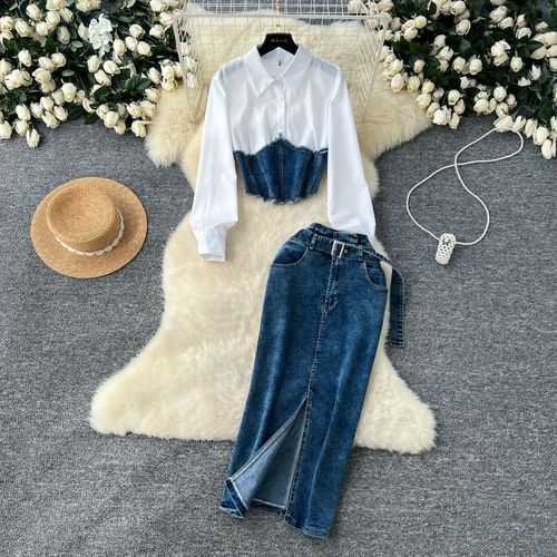Set: Korean Style Fashion Patchwork Pseudo Two-Piece Long-Sleeve Shirt for Women, Belted Denim Skirt, Two-Piece Set