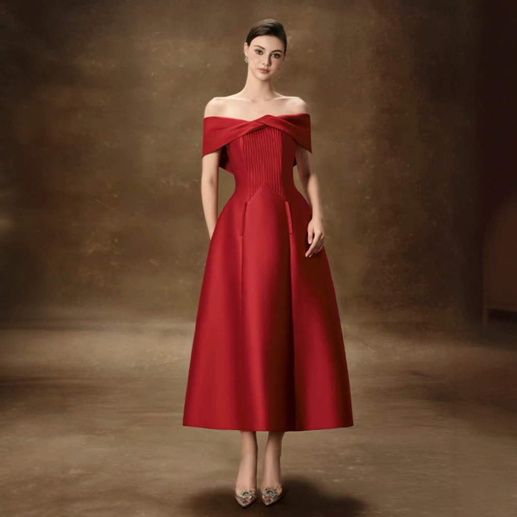 In-Stock Vietnamese Designer Pleated Striped Dress with a Twist Knot, Off-Shoulder, Waist-Cinching A-Line Midi Dress