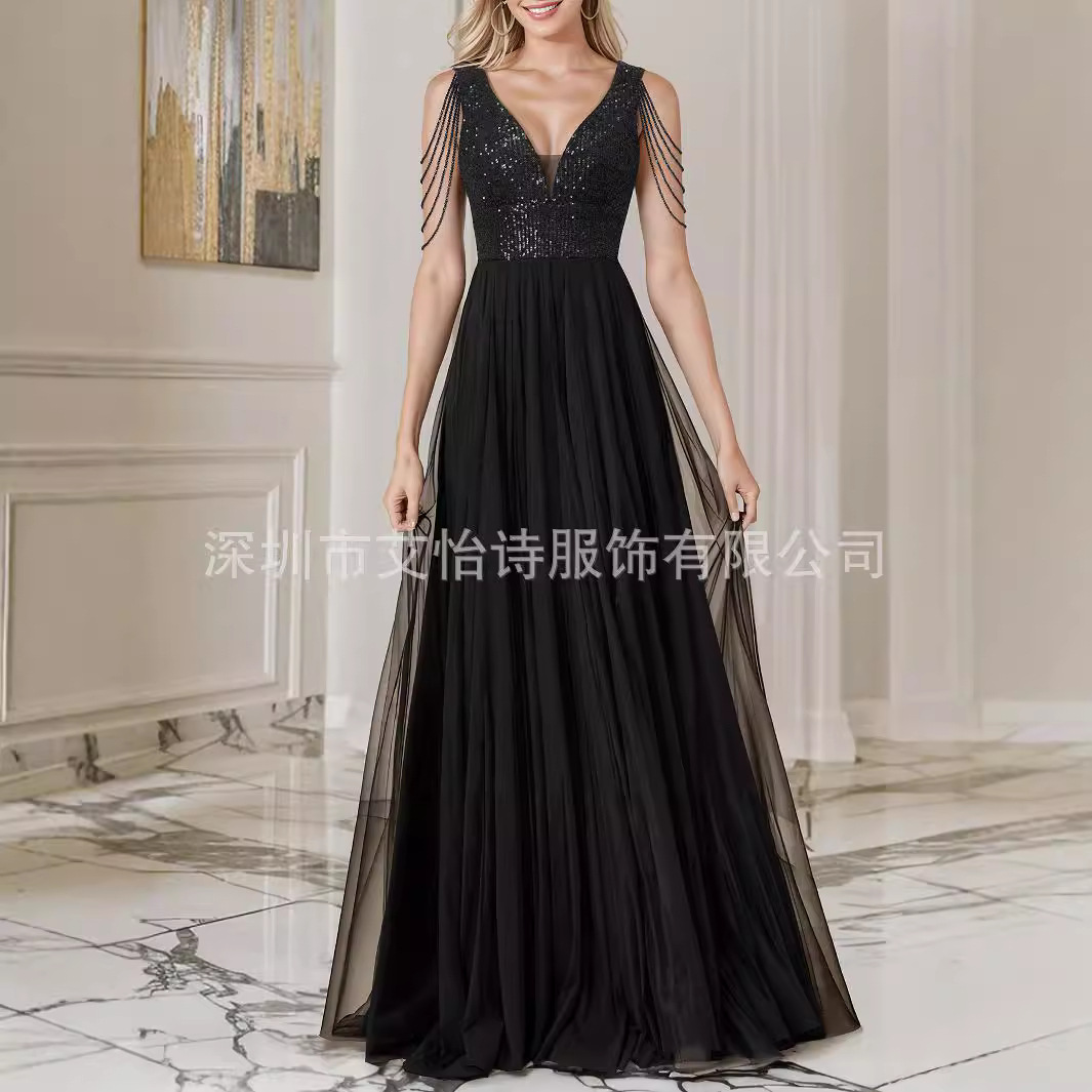 European and American Amazon Cross-border New Beaded Dress Black Elegant Dress Women's Long A Swing Yarn Mesh Evening Dress