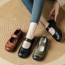 真牛皮2025夏季新款复古民族风女鞋单鞋厚底魔术贴凉鞋舒适妈妈鞋