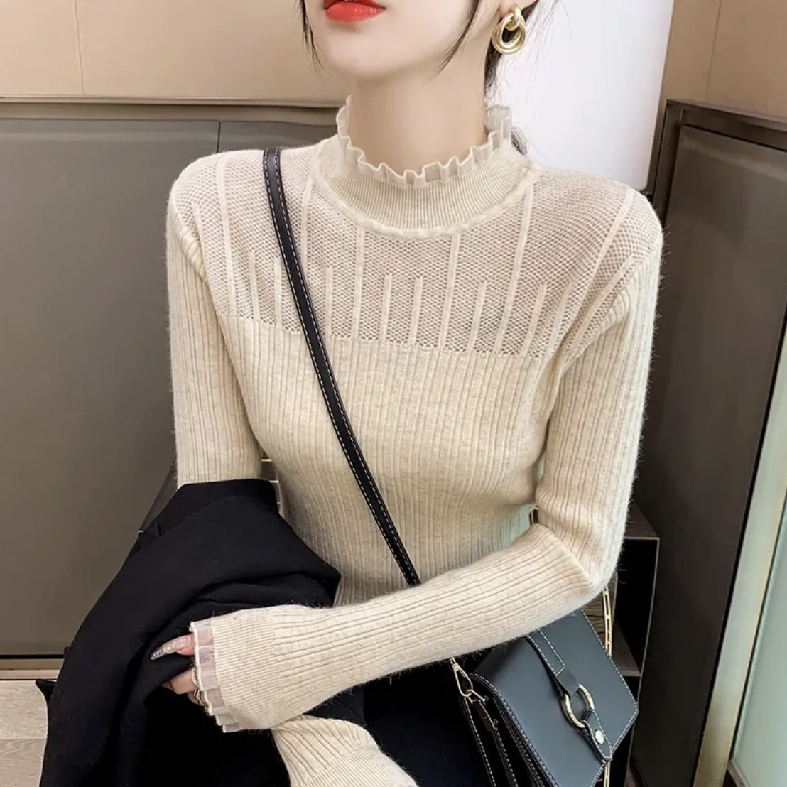 2023 otoño e invierno nuevas mujeres slim fit encaje hueco suéter interior medio cuello alto camisa de fondo para mujeres image 3