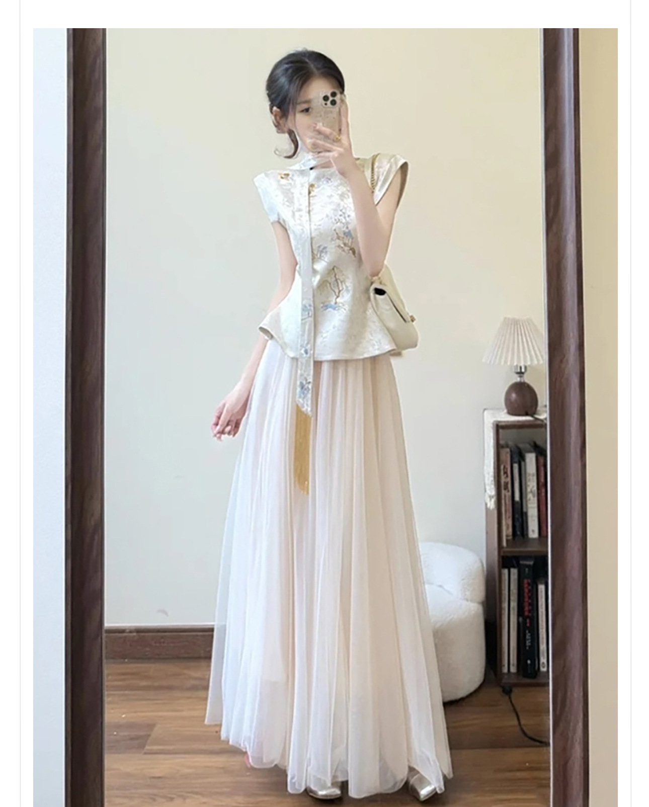Bộ áo và váy phồng thêu sang trọng phong cách Trung Quốc mới, eo cao, tôn dáng — Áo, Váy nửa chi tiết 2