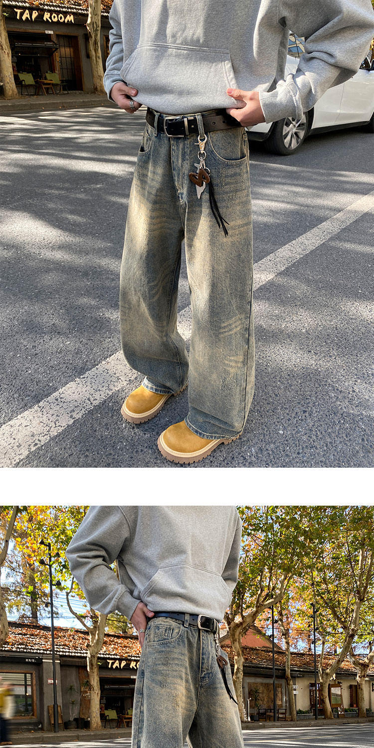 Men's Retro Distressed Cement Yellow Wide Leg Jeans High Waisted Loose Fit Slimming Straight Leg Jeans New Style Machine Washable_mkmklike.com