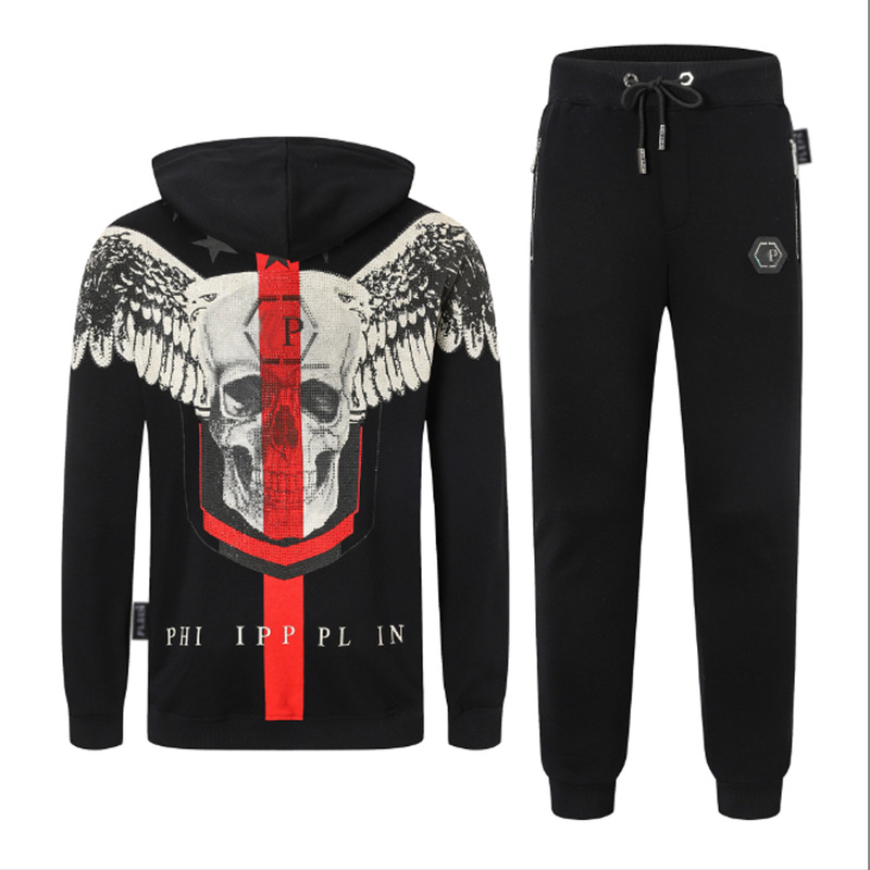 Autumn and Winter Philip Plein Men's Stand-Collar Sports Casual Suit with Zipper and Rhinestone Skull Design Trendy Brand Pp Suit for Men