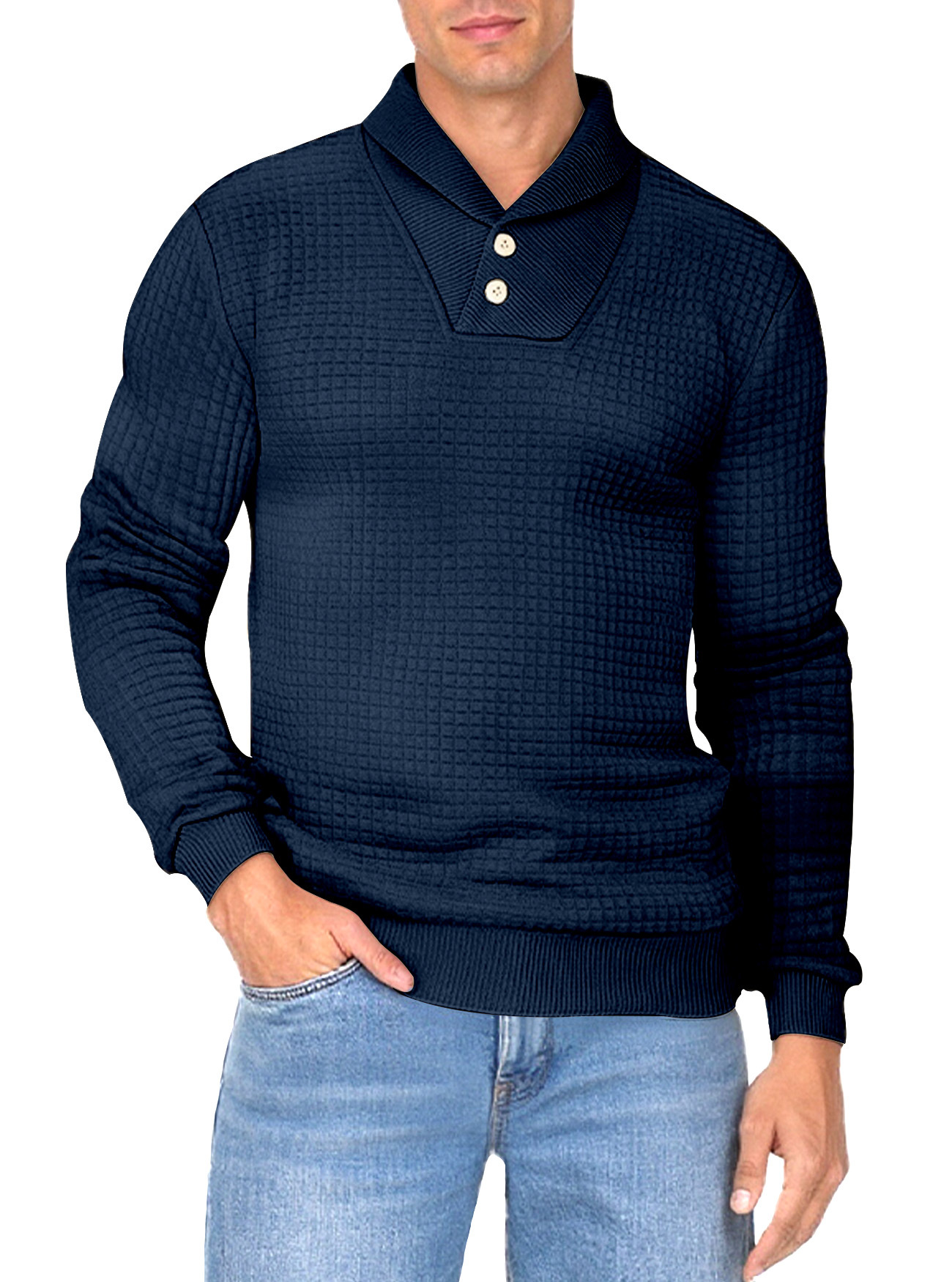 Transfronterizo Europa y América Amazon nuevo hombre pequeño cuadrado Jacquard botón de solapa Waffle camiseta casual de manga larga para hombre