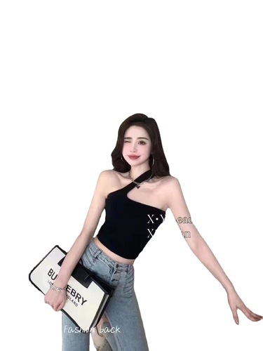 New style irregular sloping shoulders, exposed clavicle, halterneck, beautiful back, inner wear, outer wear, with chest pad, sexy navel-baring camisole for women