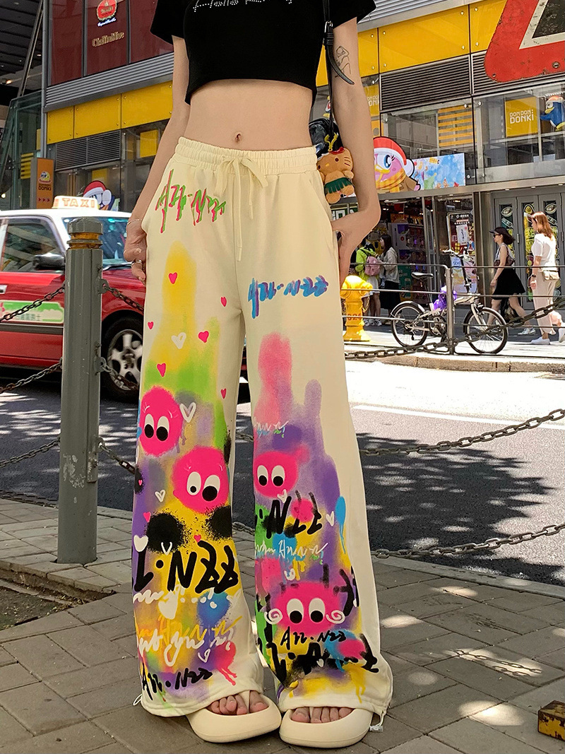Casual Pants Women's High Waist Drawstring Wide Leg Pants Summer High Waist Loose Slimming Long Pants Instagram Style Cartoon