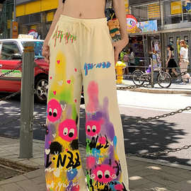 休闲裤女高腰抽绳阔腿裤夏季高腰宽松显瘦拖地长裤子ins卡通