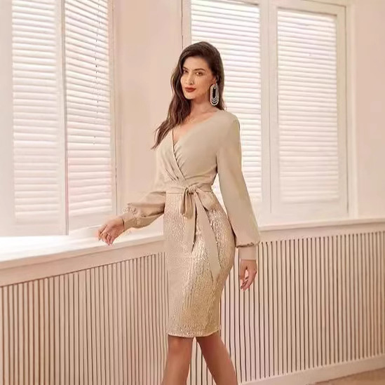 2025 Cross-Border New Pairs Women's Sequin Party Cocktail Fair Tight Glitter Dress Long Sleeve Evening Dress
