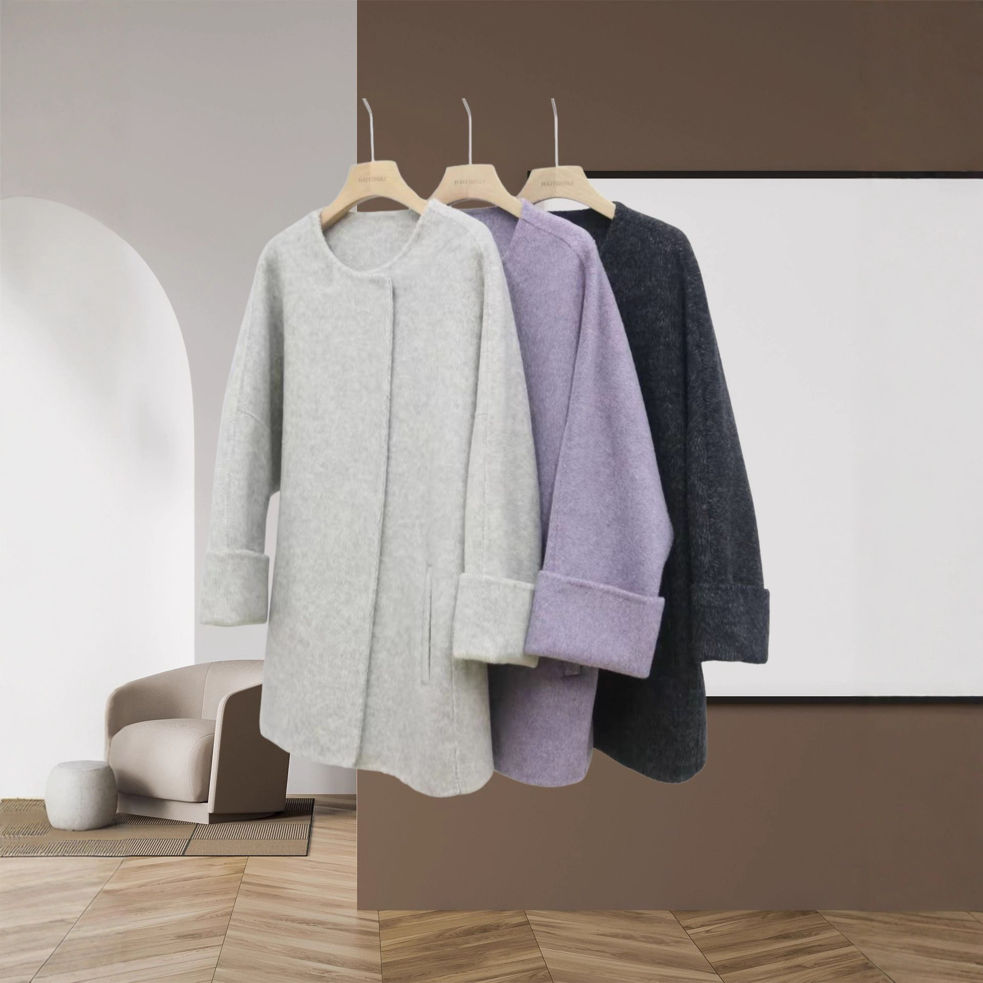 Autumn and Winter New Double-Sided Wool Lazy Coat with Round Neck, Bat Sleeves, Hidden Snap Buttons, 82cm Slimming Over-The-Hip Woolen Coat