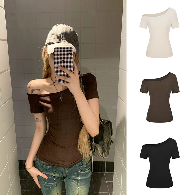 Pure Desire Женская рубашка с косыми плечами и открытым ключицей с короткими рукавами, облегающий универсальный топ