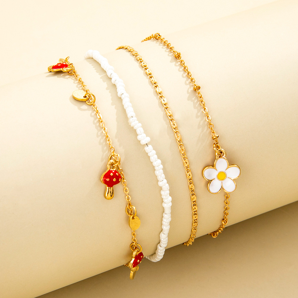European and American new simple mushroom small pendant white flower pendant four-piece anklet