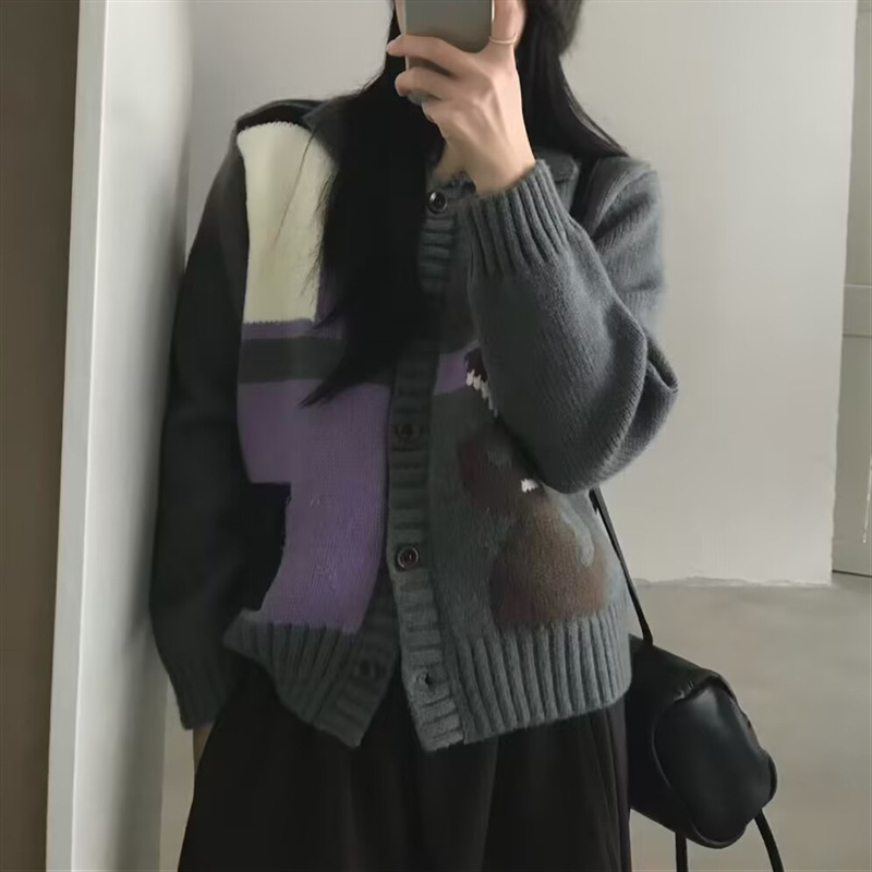 韩版复古撞色卡通提花小众翻领慵懒风针织开衫宽松毛衣女秋冬女潮|undefined