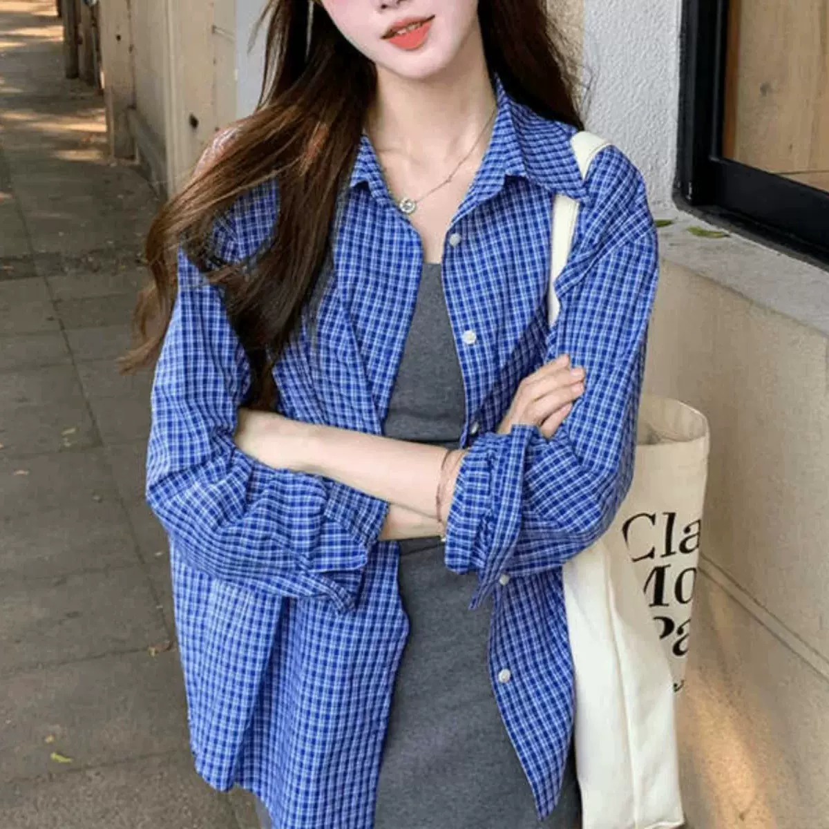 蓝色格子POLO领长袖衬衫女春夏季新款休闲宽松显瘦开衫防晒服上衣