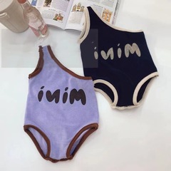 韓國嬰童夏無袖背心掛脖連體衣可愛寶寶網紅吊帶字母露肩三角哈衣