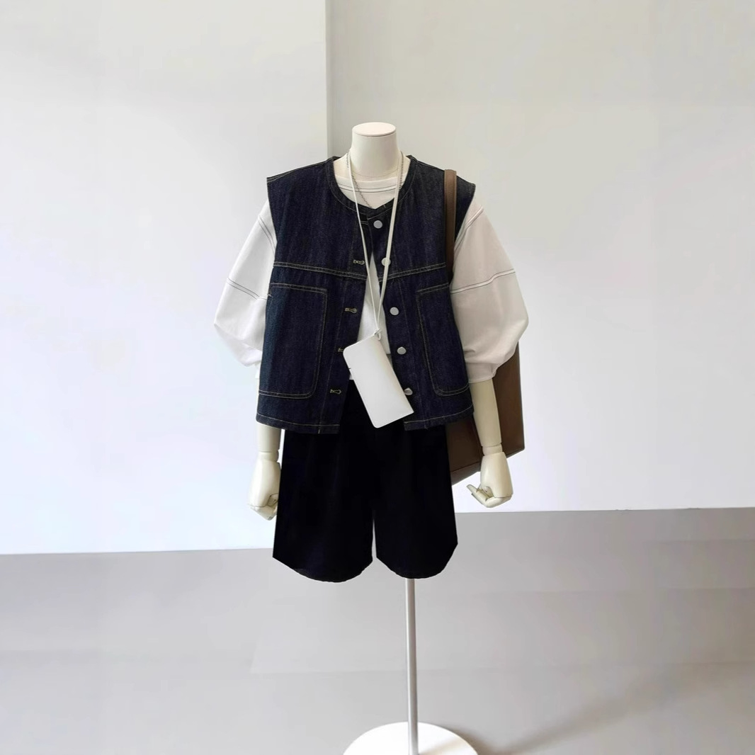 Hong Kong Style Retro Layered Outerwear Slimming Denim Vest for Women Spring and Summer New High-End Fashion Sleeveless Waistoutwear Jacket