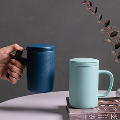 Black pottery mug three-piece set with filter cover, tea and water separation couple cup, personal office water cup, ceramic tea cup set