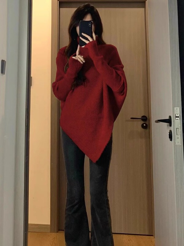 Irregular Turtleneck Sweater Women's 2023 Autumn and Winter New Gentle Korean New Year Red Lazy Wind Thickened