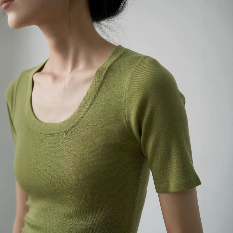 Ss Studio Mulberry Silk U-Neck Spring and Summer Slimming Look Short-Sleeved Cool Knitwear Thin Top for Women Summer