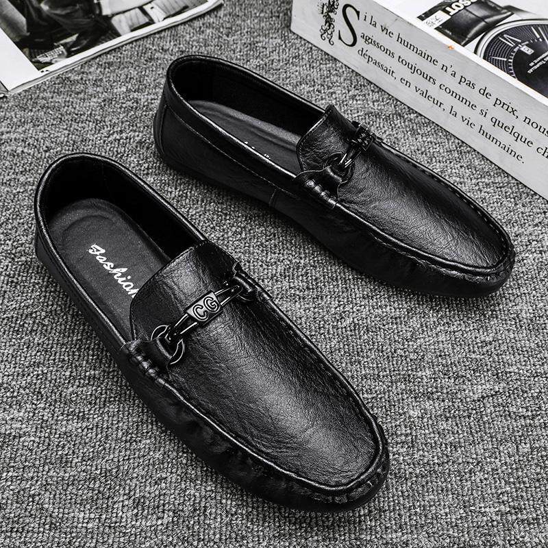 Giày lười nam da PU mũi tròn đế phẳng kiểu mới mùa thu, giày lái xe slip-on — 9108 đen, màu đen