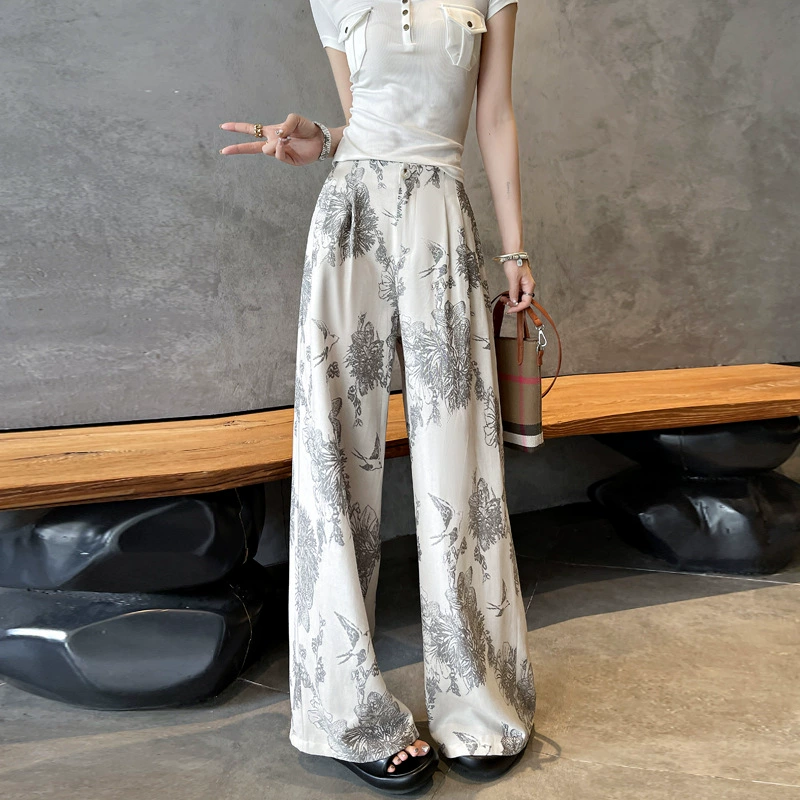 Настоящая фотография женских широких брюк из жаккардового хлопка и льна в стиле ретро, ​​французский стиль, ленивые и непринужденные, свободные прямые драпированные повседневные льняные брюки.
