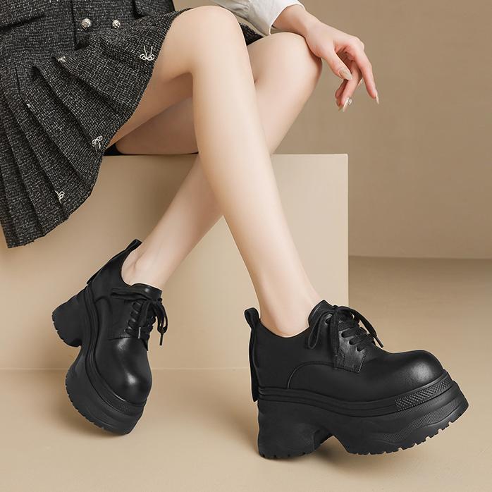 Giày sneaker nữ chunky đế dày phối màu mùa thu 2025, da bò thật, tăng chiều cao 12cm, buộc dây — Màu đen, Màu xám trắng, Màu trắng