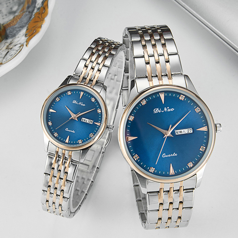 Dino DINUO_5693 Drill Face Men's and Women's Double Calendar Business Casual Fashion Quartz Movement Belt Steel Belt