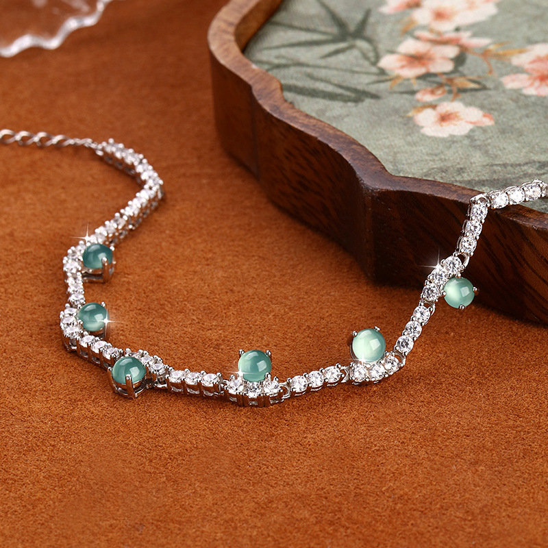 Joyas de agua azul de jade natural s925 pulsera de plata esterlina para mujer, retro de alta gama, sentido exquisito, joyería de plata que no se desvanece
