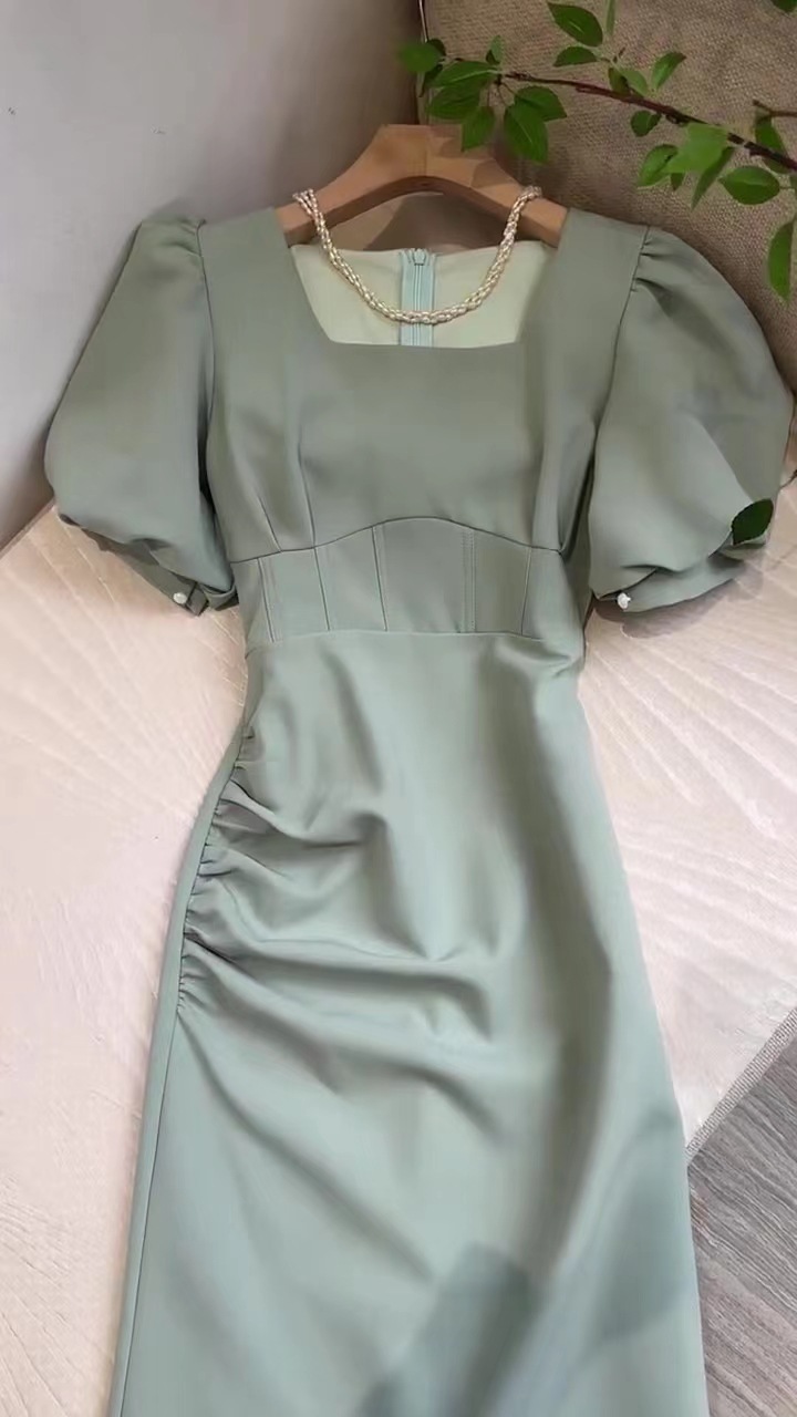 Váy maxi thắt eo phong cách Pháp trà chiều FL231293 — Màu đen, Màu xanh lá chi tiết 5
