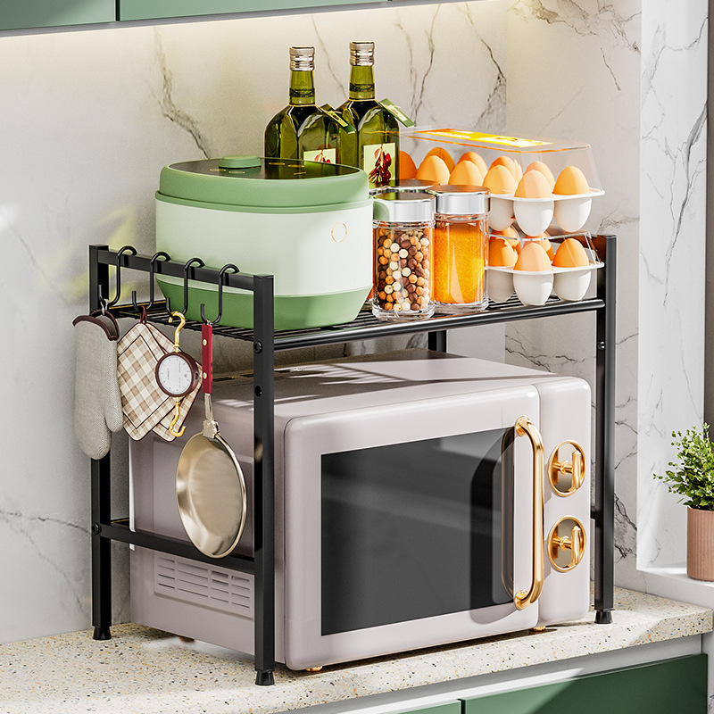 Cocina transfronteriza estante de doble capa negro gabinete de cocina estante de almacenamiento en capas superior e inferior estante de microondas de escritorio con gancho