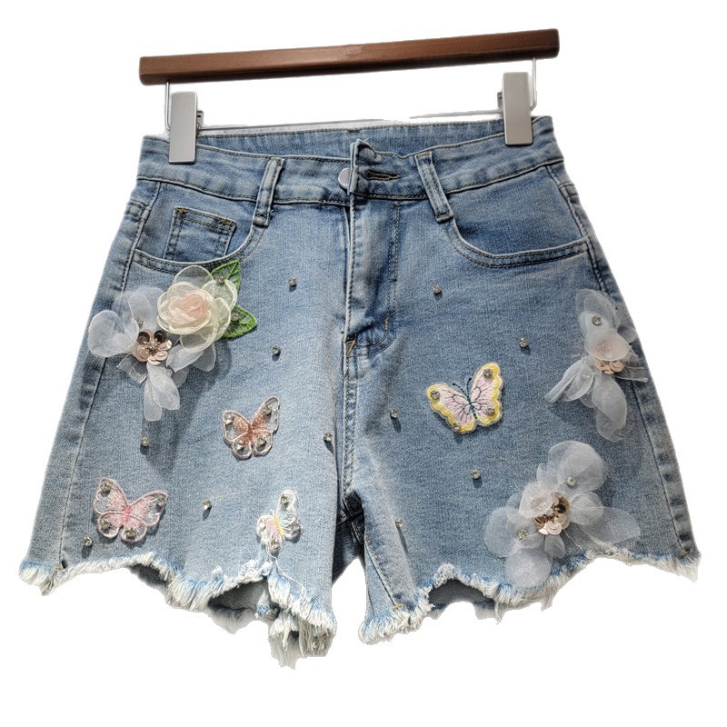 Pantalones Cortos Denim con Bordado para Mujer Corte Pierna Ancha con Cuentas image 5