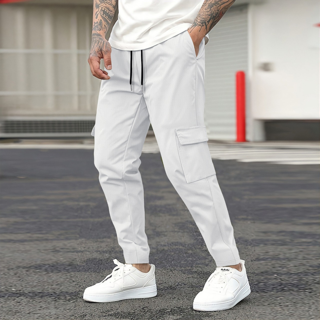 Men's New Spring and Autumn Loose Versatile Drawstring Straight Pocket Waffle Solid Color Casual Cargo Pants