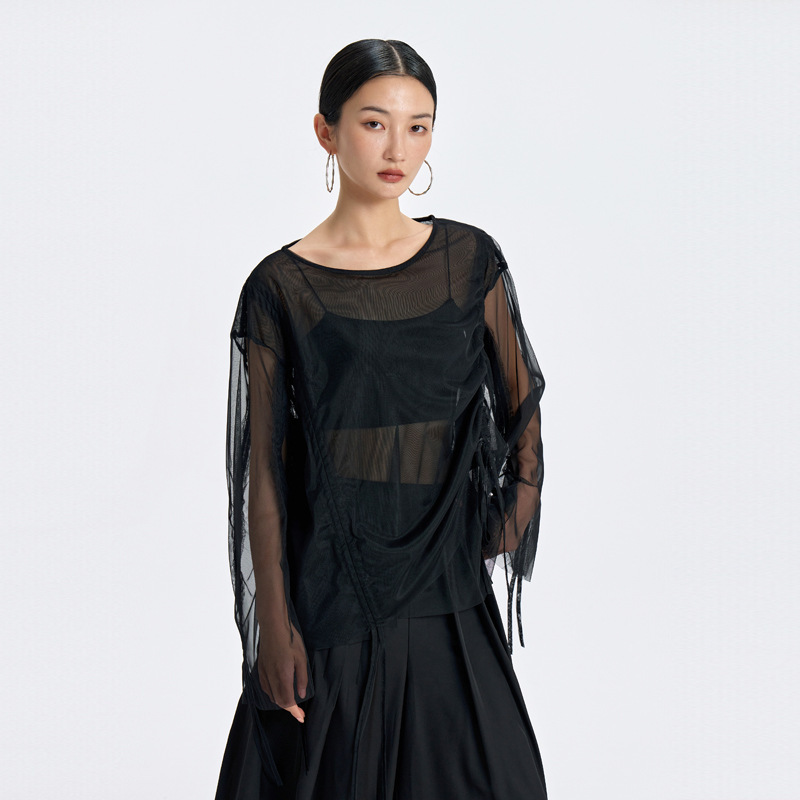 Korean-Style Double-Sided Drawstring Transparent Mesh Lace Sun-Protective Long-Sleeve Shirt for Women, Summer Loose-Fitting Niche Design Shirt