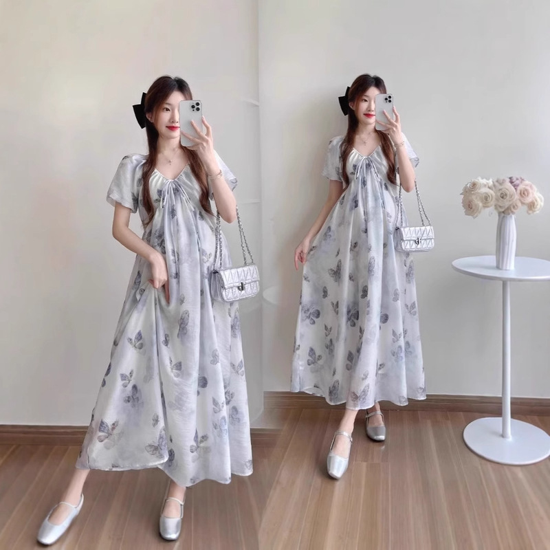 Maternity dress Summer New Style off-shoulder V-neck Ink Butterfly Sweet Chanel Style Summer Going Out Long Dress