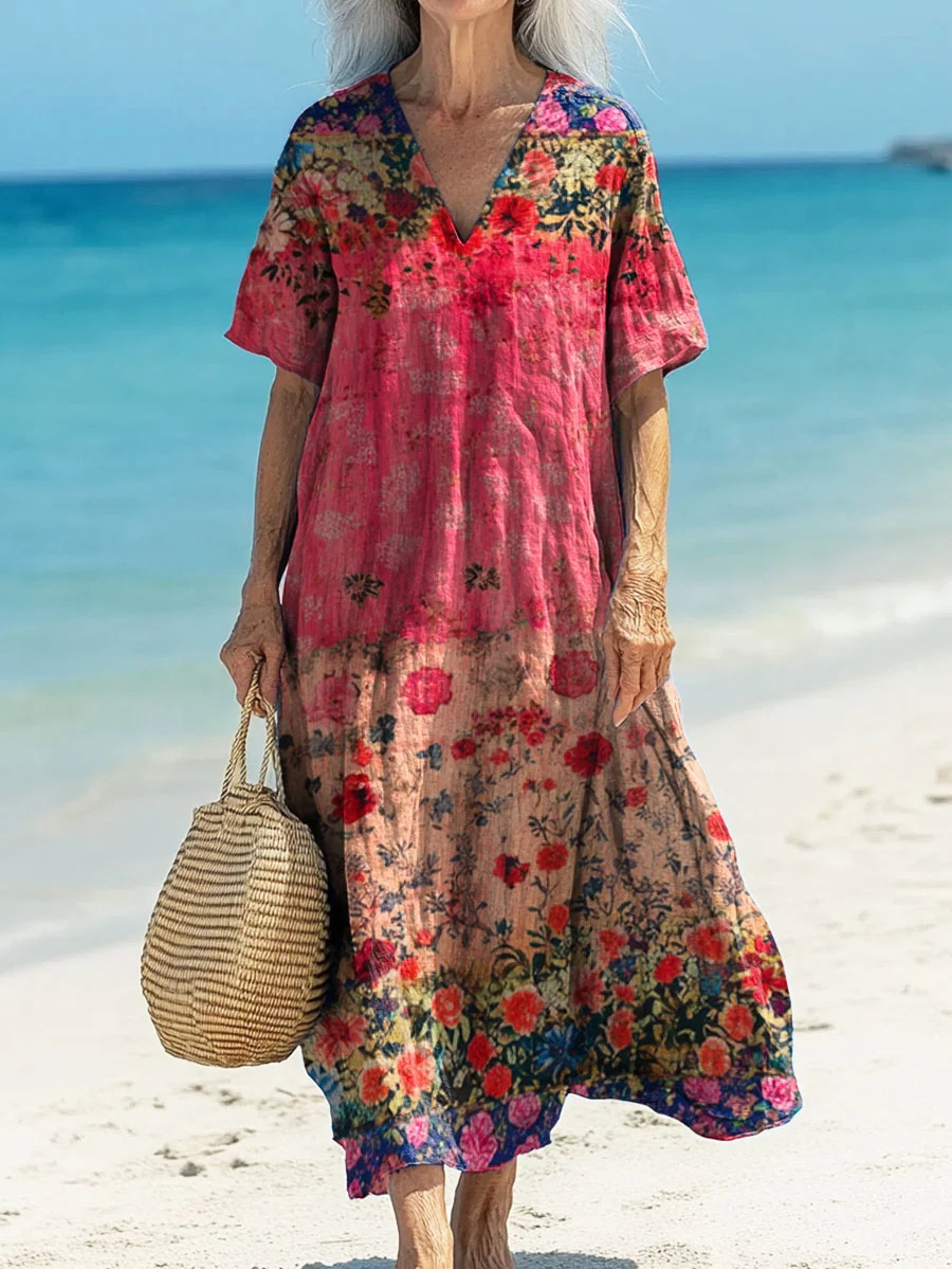 Creative Floral Women's Summer V-Neck Short Sleeve Dress, Mid-Length Dress_ecoleips.com