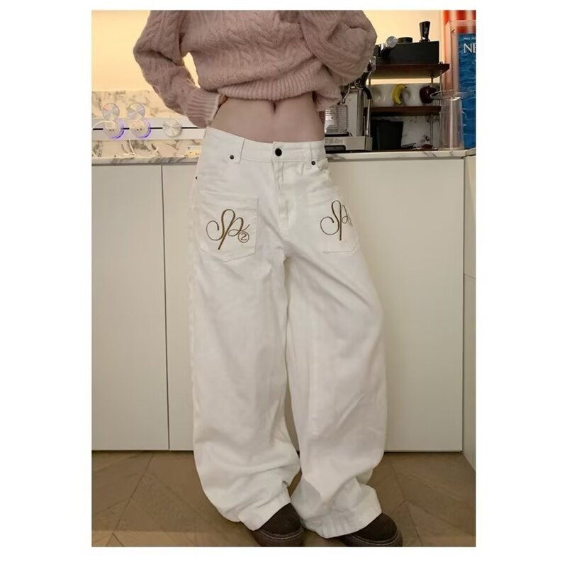 808H American Retro Embroidered White Scimitar Jeans Women's Design Loose Straight Casual Pants Ins